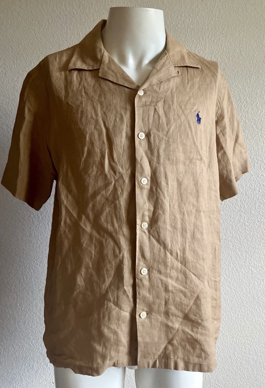 Polo Ralph Lauren 100% Linen Camp Shirt Mens Medium Classic Fit Tan Short Sleeve